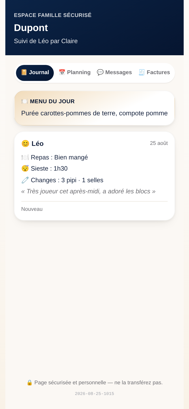 Espace parent sécurisé consultant le journal de l'enfant